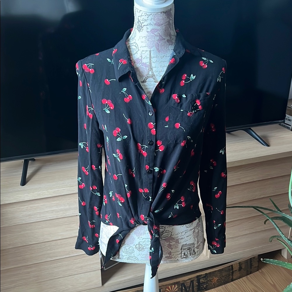 Cherry Print Black Women's Top